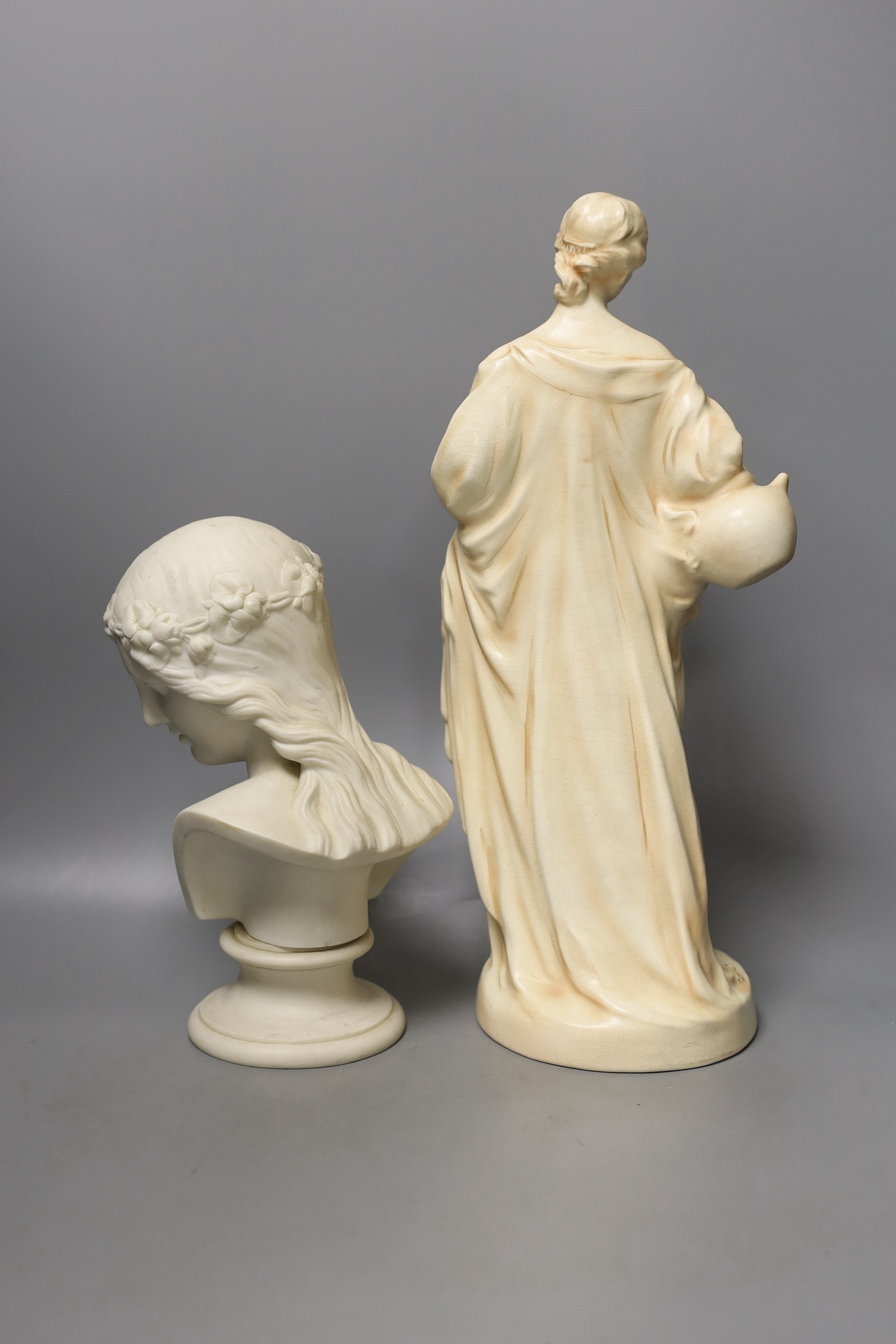 A Crown Devon Feildings figure and Parian bust - tallest 38cm